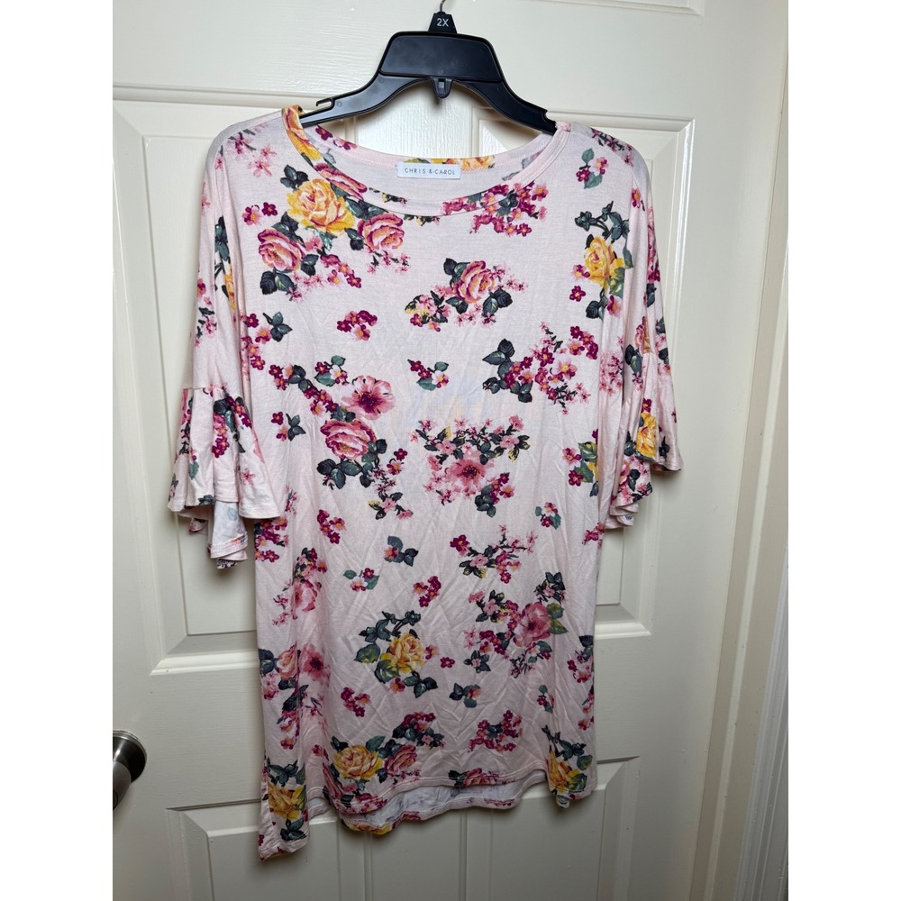 Chris & Carol Womens Floral Ruffle Sleeve Top